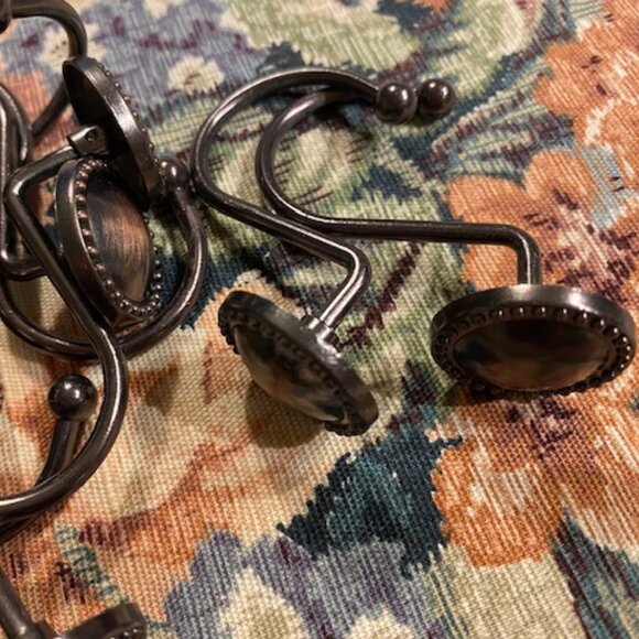 set of 12 * OIL-RUBBED BRONZE circles with little balls SHOWER CURTAIN HOOKS - Picture 3 of 4